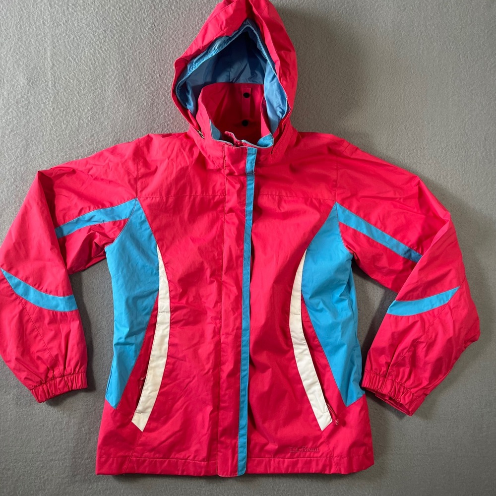 LL Bean Pink Blue Colorblock Y2K 90s Hooded Rain Jacket Windbreaker M 10-12 kids